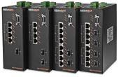 Signamax Connectivity Systems' 065-77xxHPOEP series Managed Hardened PoE+ Industrial DIN-rail Mount Switches are designed to operate in rugged environments with extreme temperature conditions. They are equipped with a variety of 10/100BaseT/TX RJ45 port configurations, with four ports supporting the new IEEE 802.3at PoE+ (30 watt) standard (plus four 802.3af 15.4 watt PoE ports in models 065-7710HPOEP and 065-7712HPOEP), and either one or two 1000Base SFP ports (plus two 100Base SFP ports in the 065-7712HPOEP model) in a compact package with built-in DIN-rail mounting. Model 065-7710H6POEP offers eight 10/100BaseT/TX ports, six of which support PoE+, plus two 1000BaseSFP ports.<br />The 065-77xxHPOEP series Managed Hardened PoE+ Industrial DIN-rail Mount Switches function at temperatures ranging from -40° F to 167° F (-40°C to 75° C), and is tested for functional operation at even greater extremes: -40° F to 185° F (-40° C to 85° C). The 065-77xxHPOEP series are fully managed switches, with system administrator control via SNMP v.3, Web Browser, Telnet or a Local Console port mounted on the front panel for easy access. PoE+ support allows the 065-77xxHPOEP series to handle Pan/Tilt/Zoom (PTZ) IP security camera requirements; Recover-RingTM capability allows redundant ring network recovery in <20 ms, making these ideal switches for perimeter security requirements.<br />These vehicles also support advanced features such as 802.1Q VLAN, MAC-based Trunking, IP-Multicast IGMP Snooping, Rapid Spanning Tree for Redundancy, QoS for priority queuing, and port mirroring for easy implementation of resilient, highcapacity networks supporting critical Security and Public Safety applications over Gigabit Ethernet copper and fiber backbones. Individual administrators or Network Operations Centers (NOCs) may also choose to perform remote monitoring and configuration using the Web browser or Telnet interfaces, or from overlay management systems such as HP OpenViewTM or IBM/Tivoli NetViewTM via SNMP and RMON. The 065-77xxHPOEP series also supports rate control for individual port maximum bandwidth settings, for high-granularity network control. The Signamax 065-77xxHPOEP series Managed Hardened PoE+ Industrial DIN-rail Mount Switches offer powerful control and administrative features in a rugged, compact, and cost-effective package capable of supporting PTZ IP camera requirements for sophisticated perimeter security applications. Rugged Ethernet 10/100 Industrial Hardened DIN-rail Mount PoE+ Managed Ethernet Switch Switches. Supports PoE+ 30 watt Power Source Equipment PSE
