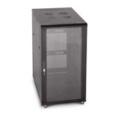The LINIER™ full size rack is our entry level cabinet. This rack comes with a glass door on the front and a vented rear door. Each rack has 2 sets of vertical rails, adjustable in 1 inch increments, lockable/removable side panels, casters and levelers. The top of the cabinet has cut-outs allowing you to install up to four 4 inch fans while there are removable cable slots for easy installation for all your network communication lines. Our cabinets are available in 22U, 27U, 37U, 42U sizes.
