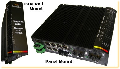 Magnum 6KQE is a Heavy Duty Edge Switch that occupies the same footprint as the Magnum 6KQ. The port configurations are different in the 6KQE. The base unit also has four 10/100 copper ports. Up to three 100Mb fiber ports or up to four more 10/100 copper ports (or combinations) may also be configured. 10 ports maximum. Up to 2 Gb ports are optional. Industrial network ethernet switch for harsh conditions.